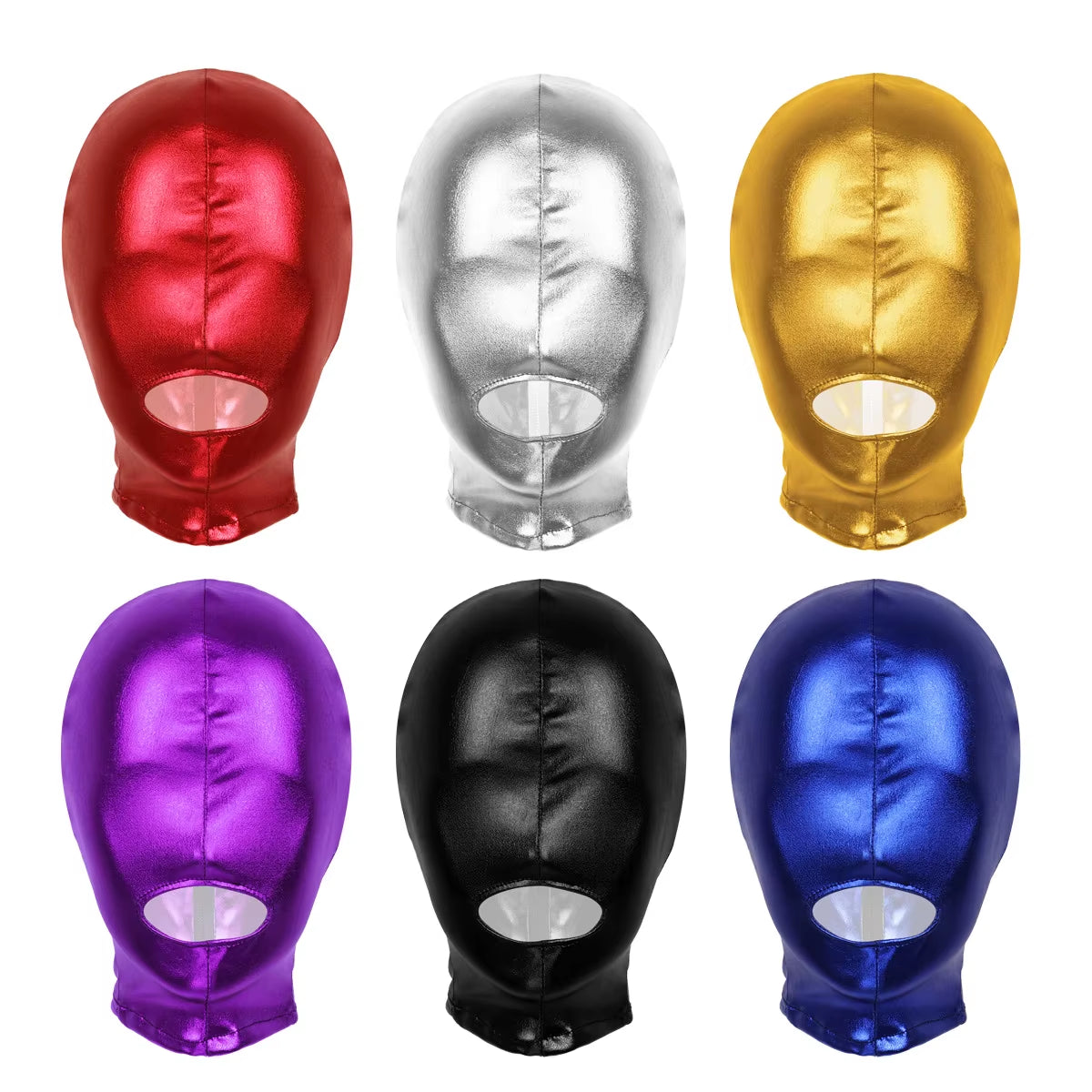 Unisex Latex Mask Men Women Cosplay Face Mask Shiny Metallic Open Eyes and Mouth Headgear Full Face Mask Hood Role Play Costume